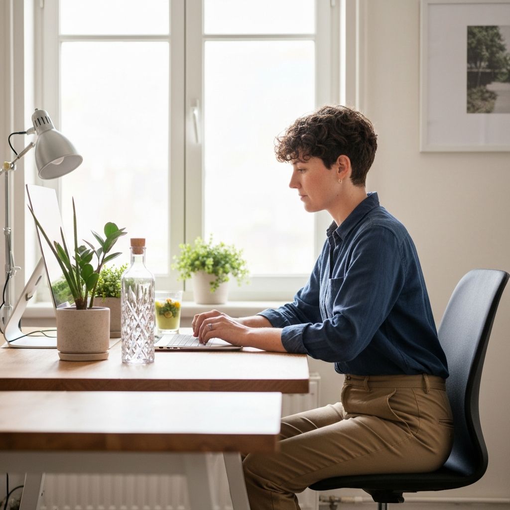 Person working at bright workspace with water and natural ingredients